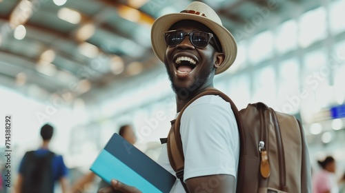 Travel, white airport and excited young black man with passport. Backpack person with identity document search for international registration. photo