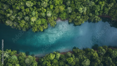  an aerial view of a body of water surrounded by lush green trees and a blue body of water in the middle of the picture is an aerial view from above.
