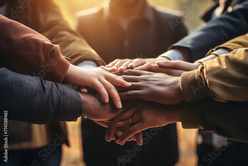 Group of business people joining hands together. Teamwork concept. Close up.