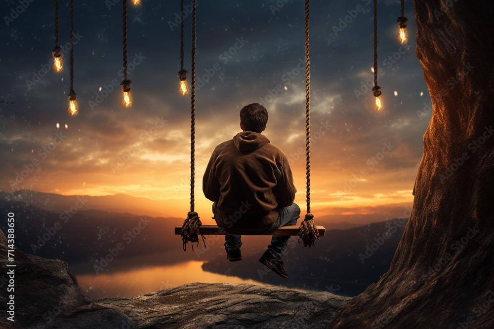 Man sitting on a swing against the backdrop of a beautiful mountain landscape