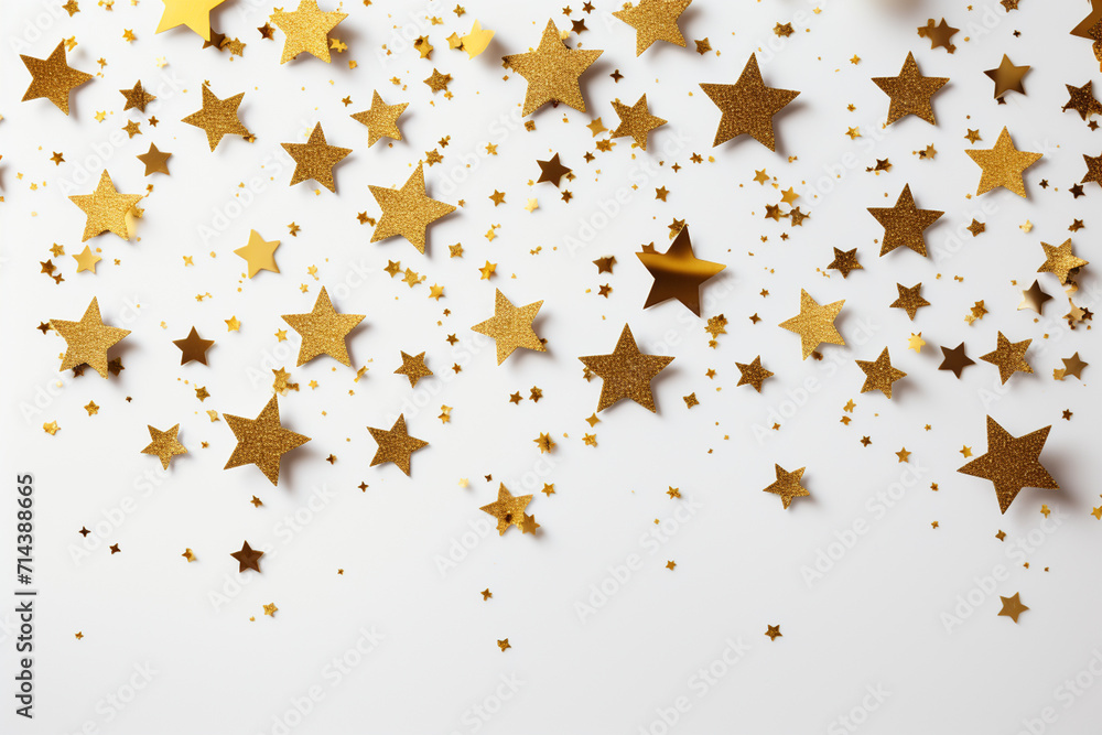 Gold stars confetti on white background. Flat lay, top view Gold stars confetti on white background. Flat lay, top view