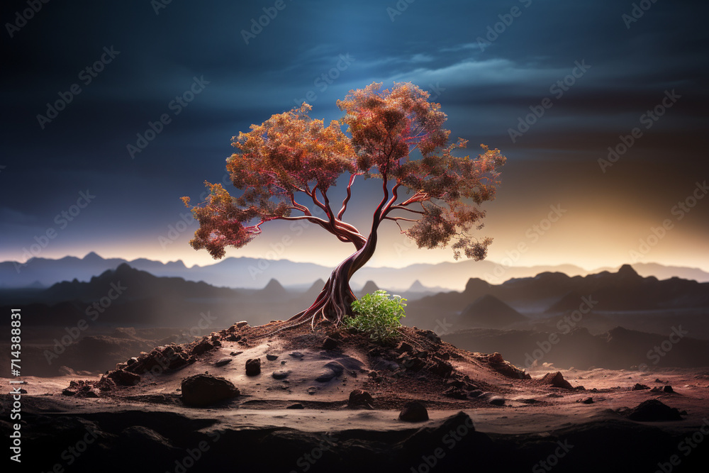 Fantasy landscape with a lonely tree in the desert. 3d rendering - obrazy, fototapety, plakaty 