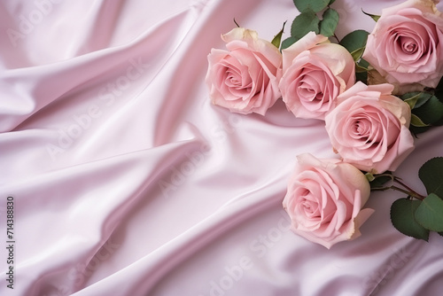 Beautiful pink roses on pink satin cloth background  top view