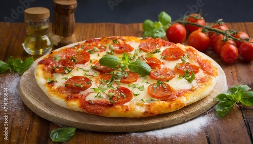 Pizza, a beloved Italian dish, features a thin crust topped with tomato sauce, cheese, and various toppings, creating a delectable and versatile culinary delight.AI generation.