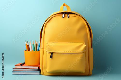 School backpack with stationery on color background. Back to school concept photo
