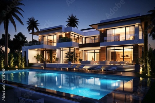 Contemporary house, lavish residence featuring pool. Generative AI © Natalia
