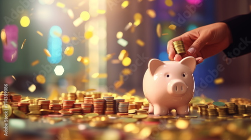 Hand putting coin into piggy bank with bokeh background : saving money concept. AI Generative.