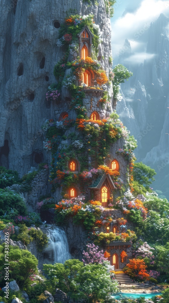 Obraz premium A fantastical landscape with lights and an interesting castle.