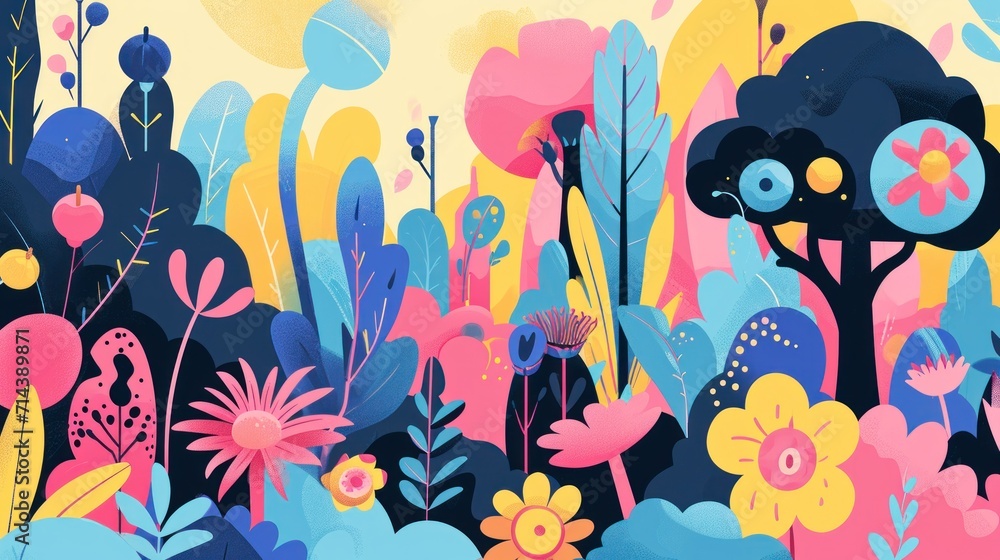 a painting of flowers and trees on a yellow and blue background with pink, blue, yellow, and pink flowers on the left side of the painting, and the right side of the image. a painting of flowers and trees on a yellow and blue background with pink, blue, yellow, and pink flowers on the left side of the painting, and the right side of the image.
