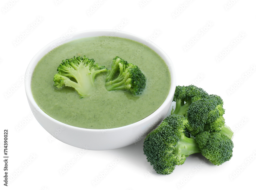 Delicious broccoli cream soup in bowl isolated on white Delicious broccoli cream soup in bowl isolated on white