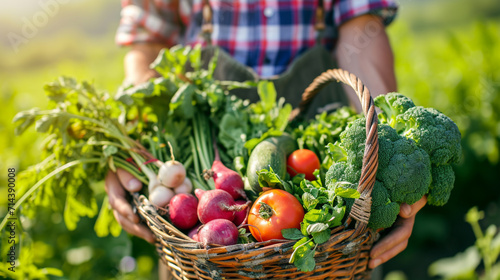 closeup hands farmer holding fresh vegetables in a basket. Ai Generative © we3_food
