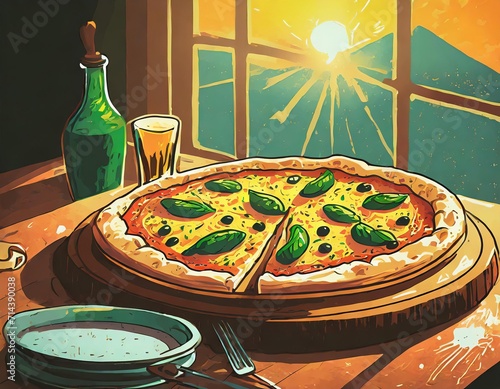 Pizza, a beloved Italian dish, features a thin crust topped with tomato sauce, cheese, and various toppings, creating a delectable and versatile culinary delight.AI generation