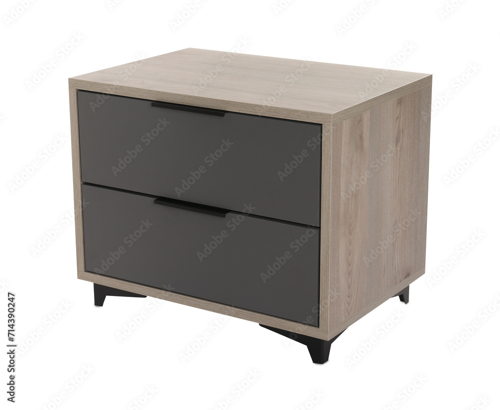 Stylish wooden bedside table isolated on white Stylish wooden bedside table isolated on white