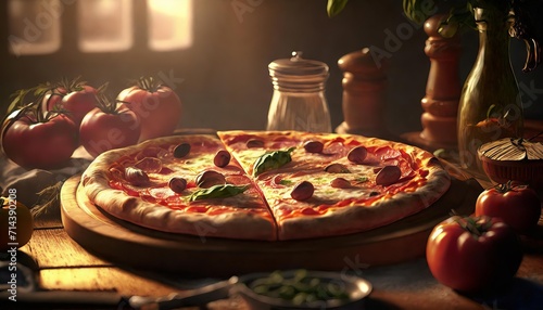 Pizza, a beloved Italian dish, features a thin crust topped with tomato sauce, cheese, and various toppings, creating a delectable and versatile culinary delight.AI generation