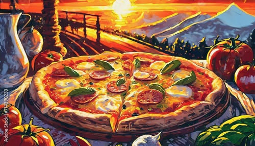 Pizza, a beloved Italian dish, features a thin crust topped with tomato sauce, cheese, and various toppings, creating a delectable and versatile culinary delight.AI generation