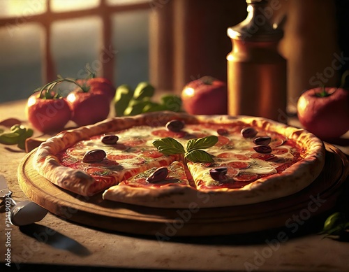 Pizza, a beloved Italian dish, features a thin crust topped with tomato sauce, cheese, and various toppings, creating a delectable and versatile culinary delight.AI generation
