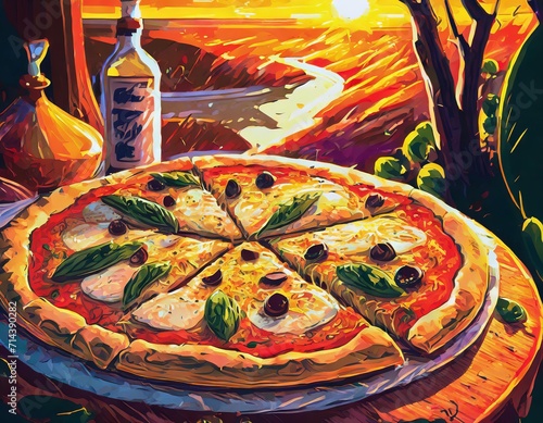 Pizza, a beloved Italian dish, features a thin crust topped with tomato sauce, cheese, and various toppings, creating a delectable and versatile culinary delight.AI generation