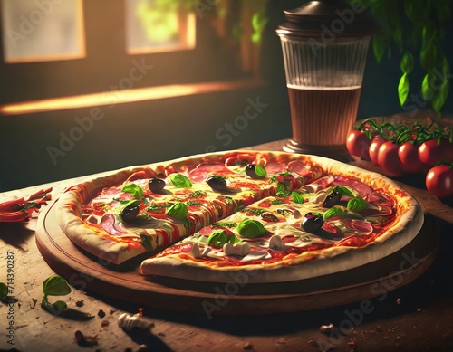 Pizza, a beloved Italian dish, features a thin crust topped with tomato sauce, cheese, and various toppings, creating a delectable and versatile culinary delight.AI generation