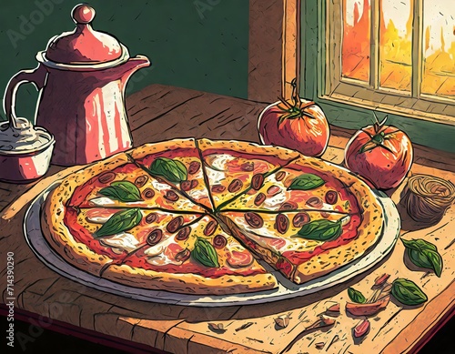 Pizza, a beloved Italian dish, features a thin crust topped with tomato sauce, cheese, and various toppings, creating a delectable and versatile culinary delight.AI generation