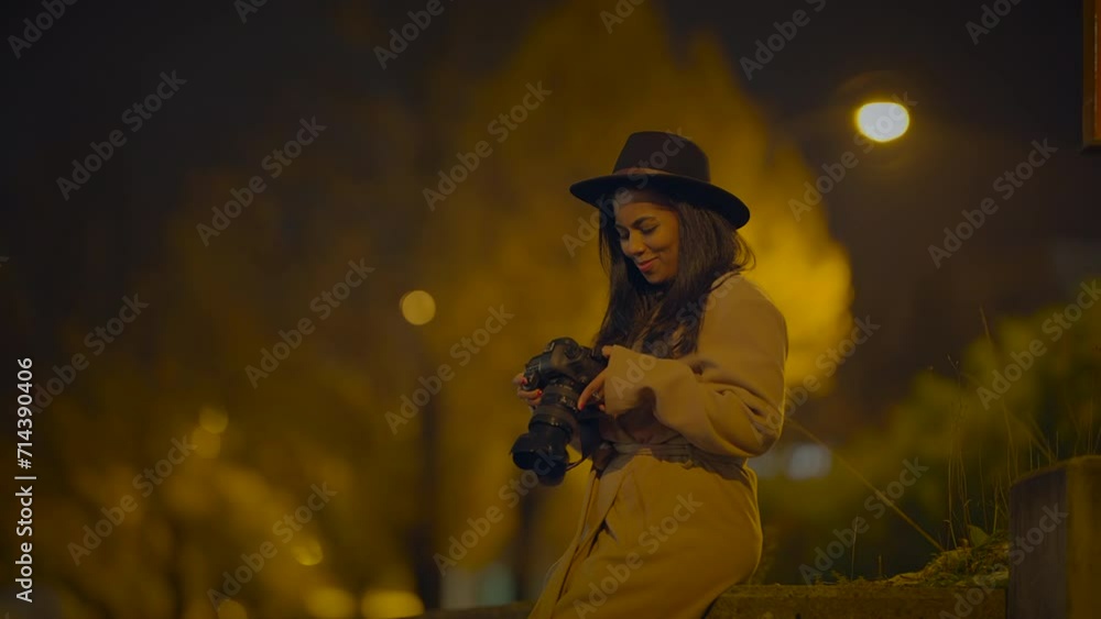 Young Woman Photographer Take Pictures On Urban Street at Night Light Young Woman Photographer Take Pictures On Urban Street at Night Light
