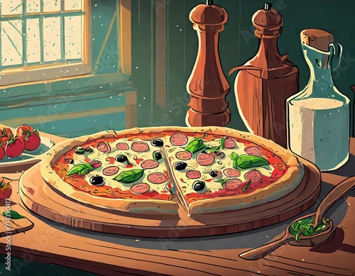 Pizza, a beloved Italian dish, features a thin crust topped with tomato sauce, cheese, and various toppings, creating a delectable and versatile culinary delight.AI generation