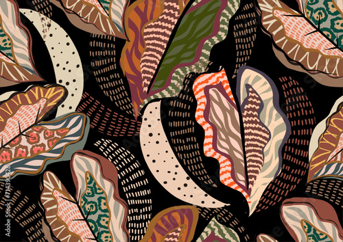 pattern of a tropical artwork, with multicolored hand drawn elements with dark background, perfect for textiles and decoration