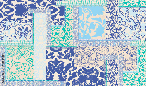 patchwork floral pattern with paisley and indian flower motifs. damask style pattern for textil and decoration