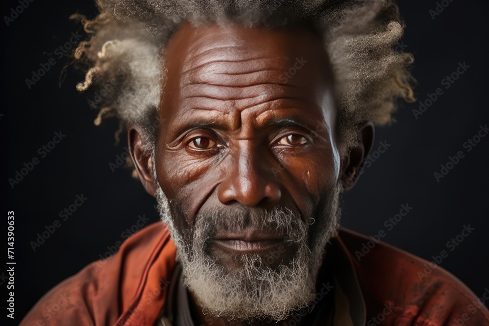 closeup senior african american man in prison with long uncombed hair and beard with serious and worried face