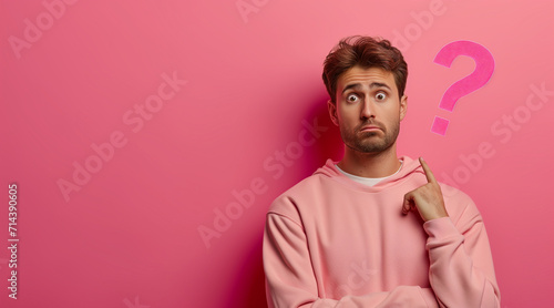 a 35 year old man, sweatshirt, question symbol, question gesture, brown hair, worried face, solid color, background, pink vibrant complementary colors photo