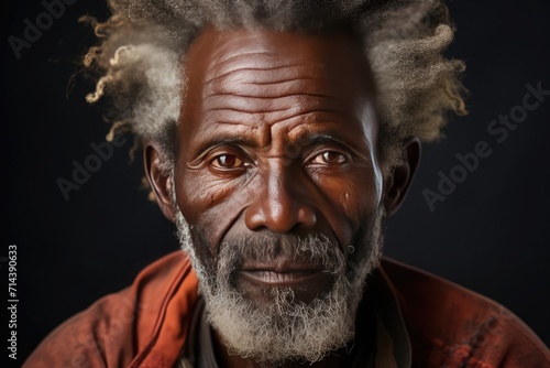 closeup senior african american man in prison with long uncombed hair and beard with serious and worried face
