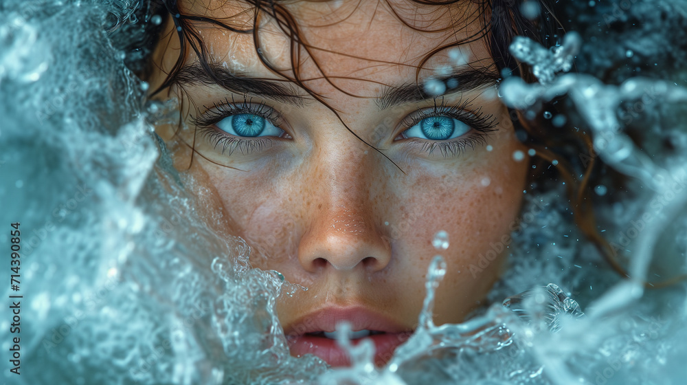 A mesmerizing close-up image of a woman's face in splashes of water. Mystical mysterious artwork. Intricate details and soft lighting. A magical and dreamlike atmosphere. A mesmerizing close-up image of a woman's face in splashes of water. Mystical mysterious artwork. Intricate details and soft lighting. A magical and dreamlike atmosphere.