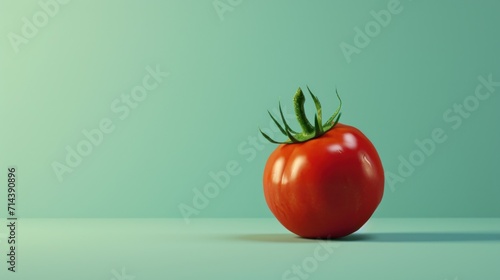  a close up of a tomato on a table with a green wall in the background and a green wall in the foreground, with a single tomato in the foreground.