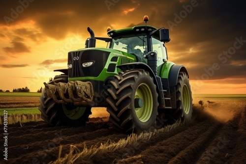 Heavy green tractor on the barley field in golden sky sunset view. Generate AI image