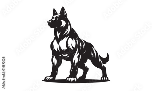 MUSCULAR GERMAN SHEPHERD mascot logo, black and white bull dog in circle logo, dog silhouettes or vector