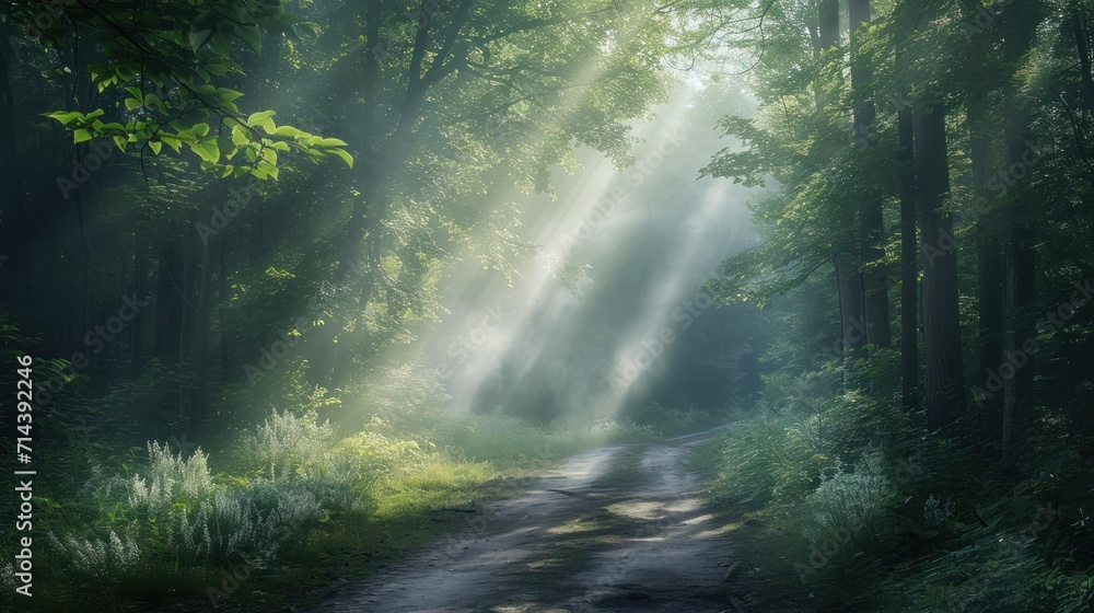  a dirt road in the middle of a forest with sunbeams shining through the trees on either side of the road is a forest with tall grass and tall trees on both sides.