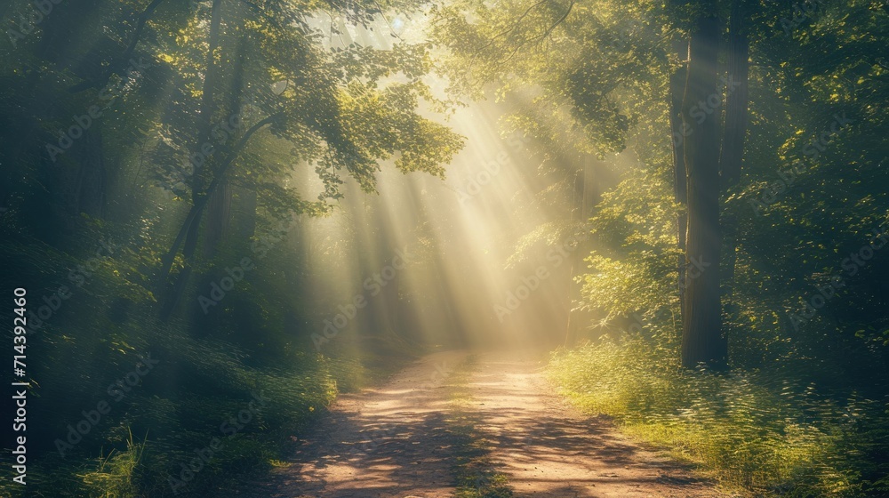 a dirt road in the middle of a forest with sunbeams shining through the trees on either side of the road is a dirt path that runs through the woods. a dirt road in the middle of a forest with sunbeams shining through the trees on either side of the road is a dirt path that runs through the woods.