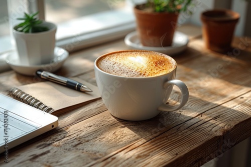 cup of coffee on wooden table, peaceful atmosphere 