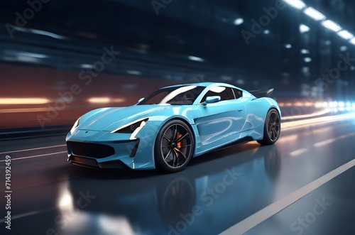 Fast moving light blue Business car on high speed, overtaking other cars. Powerful acceleration of a supercar on a night. 3d render