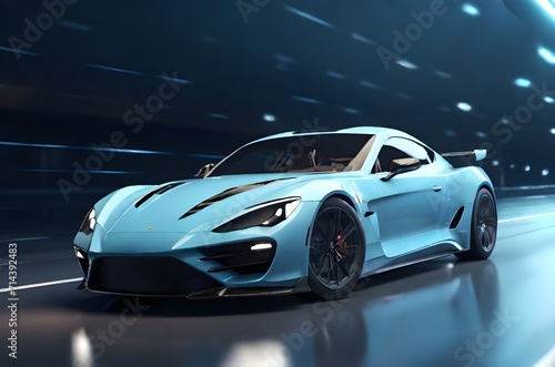 Fast moving light blue Business car on high speed  overtaking other cars. Powerful acceleration of a supercar on a night. 3d render