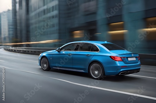 Fast moving light blue Business car on high speed luxury sedan driving in the city