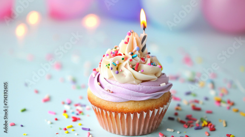 A single birthday cupcake sits in the foreground with a flickering candle on top. Ai Generative
