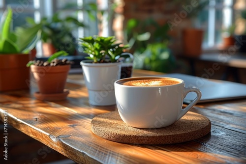 cup of coffee on wooden table, peaceful atmosphere 