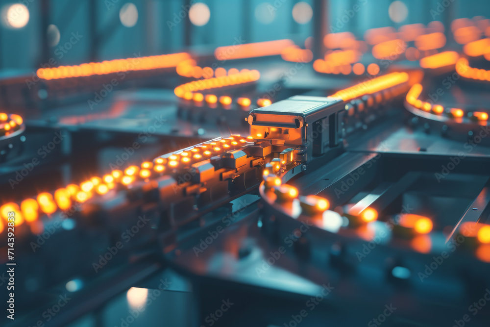 A toy train is going down a conveyor belt with orange lights A toy train is going down a conveyor belt with orange lights