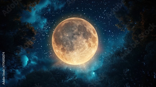  a full moon seen through the trees in the night sky with stars in the sky and in the foreground is a dark blue sky with white clouds and stars. photo
