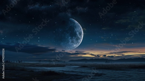  a full moon in the night sky with a river in the foreground and a distant mountain range to the right of the moon and a distant mountain range in the distance.