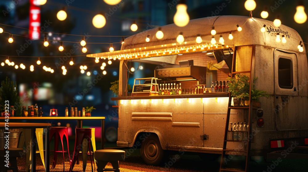 detail of closed red food truck with light bulb background, no people . Ai Generative detail of closed red food truck with light bulb background, no people . Ai Generative