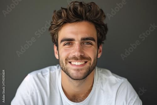 A man with a beard is smiling and wearing a white shirt
