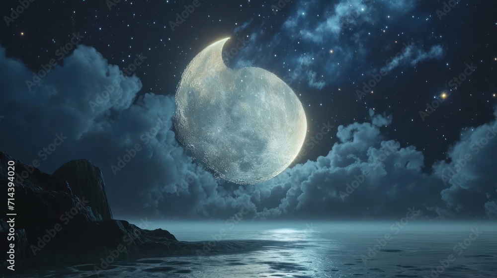 Fototapeta premium a painting of a moon in the sky over a body of water with rocks in the foreground and a rocky outcrop in the middle of the foreground.