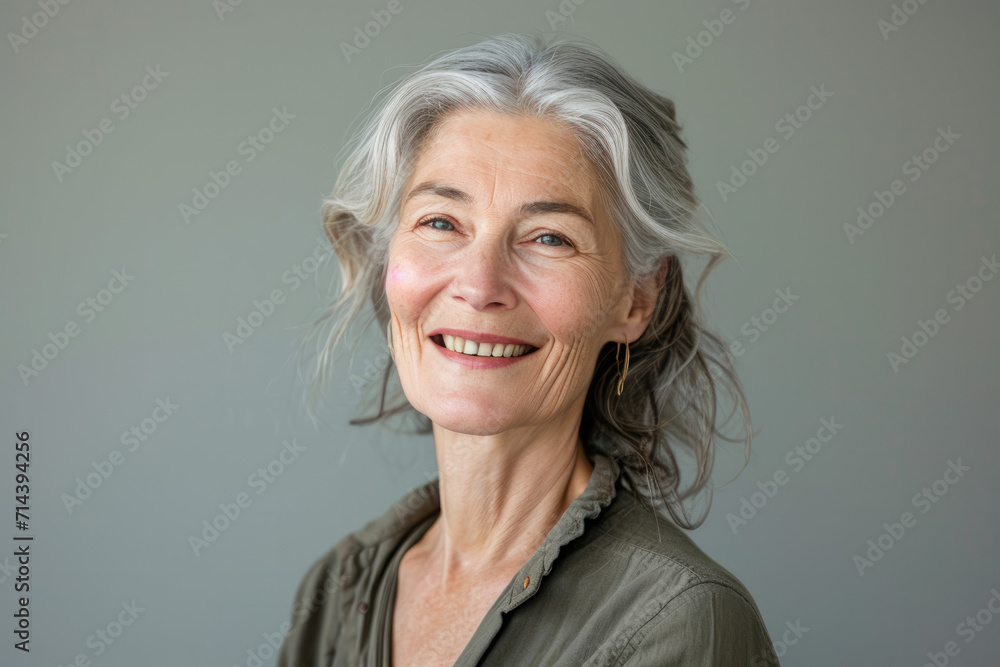 A woman with gray hair is smiling for the camera