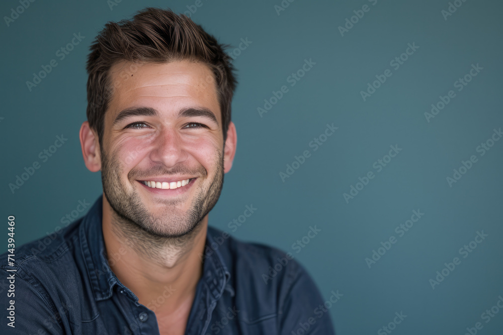 A man with a beard is smiling and wearing a blue shirt A man with a beard is smiling and wearing a blue shirt